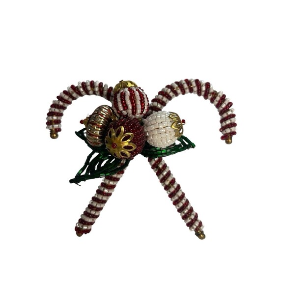 Vintage Pier 1 Beaded Christmas Crossed Candy Cane Ornament Napkin Rings 5pc Set - Picture 8 of 8